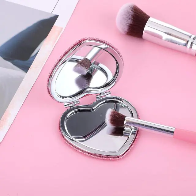 Alt view image 7 of 7 - Dimeho Compact Folding Mirror Mini Vanity Mirror Makeup Tools, Pink-Silver | Heart Shaped, Magnifying, Portable Travel, for Purse, Double-Sided, Cute Glitter, Cosmetic Accessories