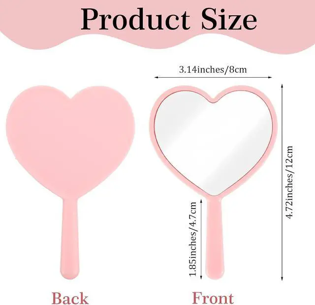 Alt view image 2 of 6 - Bremorou Heart Shaped Handheld Cosmetic Mirrors Lash Mirror Handheld Portable Mini Travel Makeup Mirrors with Handle for Women, Pink, 4.72 × 3.14 inches(Mini)