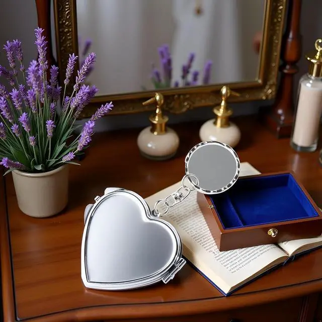 Alt view image 2 of 6 - Compact Mirror, Heart Shaped Metal Portable Folding Mirror Key Chain Round Square Heart Shape Cosmetic Mirror Compact Travel Pocket Mirror with Key Ring Keychain Compact and Travel Mirrors