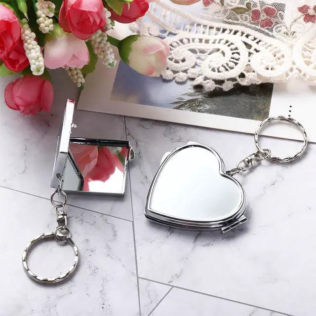 Alt view image 5 of 6 - Compact Mirror, Heart Shaped Metal Portable Folding Mirror Key Chain Round Square Heart Shape Cosmetic Mirror Compact Travel Pocket Mirror with Key Ring Keychain Compact and Travel Mirrors