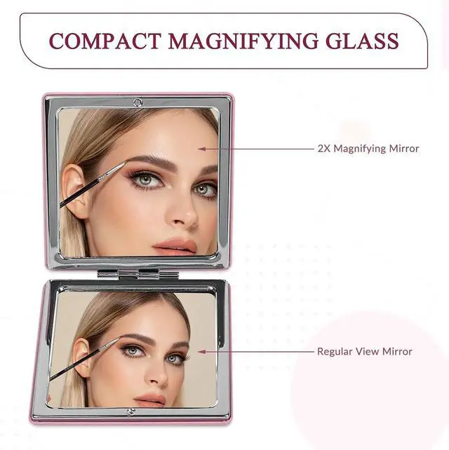 Alt view image 4 of 6 - 1X/2X Magnifying Compact Mirror with PU Leather, Mini Mirror for Purse, Handbag and Pocket, Pink