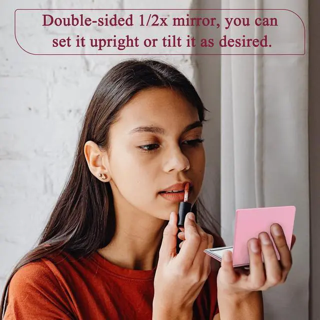 Alt view image 5 of 6 - 1X/2X Magnifying Compact Mirror with PU Leather, Mini Mirror for Purse, Handbag and Pocket, Pink