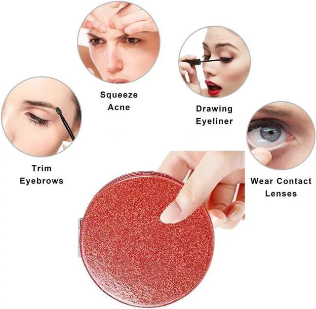 Alt view image 4 of 7 - Red Compact Mirror for Purse,Magnifying Travel Mirror with Glitter,Double-Sided Small Pocket Mirror,Portable 2 x 1x Magnification Folding Makeup Mirror,Cosmetic Mirror for Gift