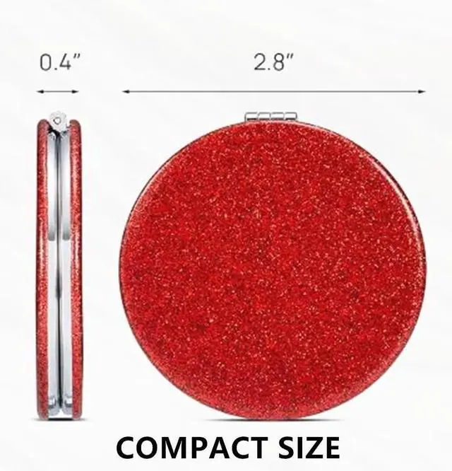 Alt view image 5 of 7 - Red Compact Mirror for Purse,Magnifying Travel Mirror with Glitter,Double-Sided Small Pocket Mirror,Portable 2 x 1x Magnification Folding Makeup Mirror,Cosmetic Mirror for Gift