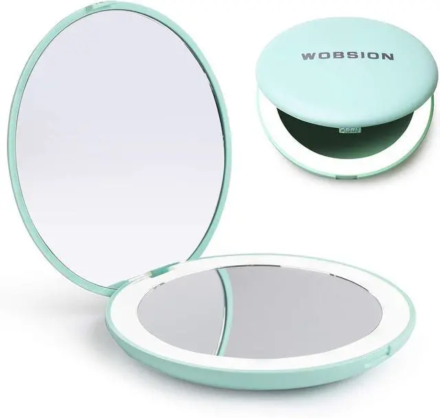Main image of WOBSION LED Compact Mirror with 10X Magnification | 3.5-Inch 2-Sided Portable Travel Makeup Mirror for Purse and Handbag, Lighted Pocket Mirror, Cyan