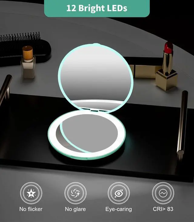 Alt view image 2 of 7 - WOBSION LED Compact Mirror with 10X Magnification | 3.5-Inch 2-Sided Portable Travel Makeup Mirror for Purse and Handbag, Lighted Pocket Mirror, Cyan
