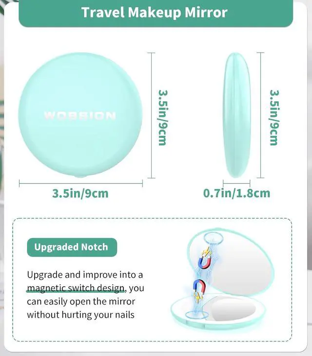 Alt view image 4 of 7 - WOBSION LED Compact Mirror with 10X Magnification | 3.5-Inch 2-Sided Portable Travel Makeup Mirror for Purse and Handbag, Lighted Pocket Mirror, Cyan