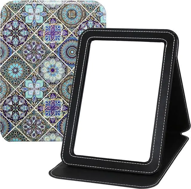 Main image of Large Folding Mirror Portable, Travel Foldable PU Adjustable Rectangular Ultrathin Vanity Mirror Rounded Corner with Multi Stand Angle, for Travel, Camping,Home 9x7 Inch