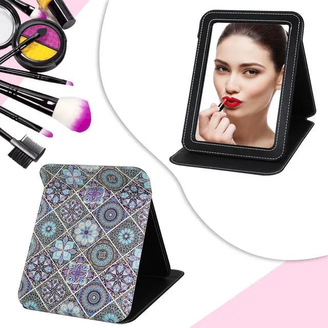 Alt view image 2 of 7 - Large Folding Mirror Portable, Travel Foldable PU Adjustable Rectangular Ultrathin Vanity Mirror Rounded Corner with Multi Stand Angle, for Travel, Camping,Home 9x7 Inch