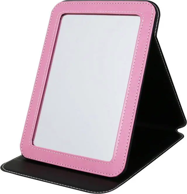 Main image of Travel Mirror for Desk, 5.3×6.9 Adjustable Rectangle PU Edge Covering Pink Foldable Desk Mirror with Stand for Travel Camping Home (Pink)