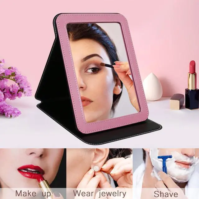 Alt view image 6 of 7 - Travel Mirror for Desk, 5.3×6.9 Adjustable Rectangle PU Edge Covering Pink Foldable Desk Mirror with Stand for Travel Camping Home (Pink)