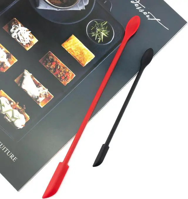 Alt view image 6 of 6 - 2 PCS Mini Makeup Spatulas, Flexible Silicone Beauty Spatula Reusable Thin Jar Scrapers for Cosmetic Bottles, Get Last of Makeup Out (Black and Red)