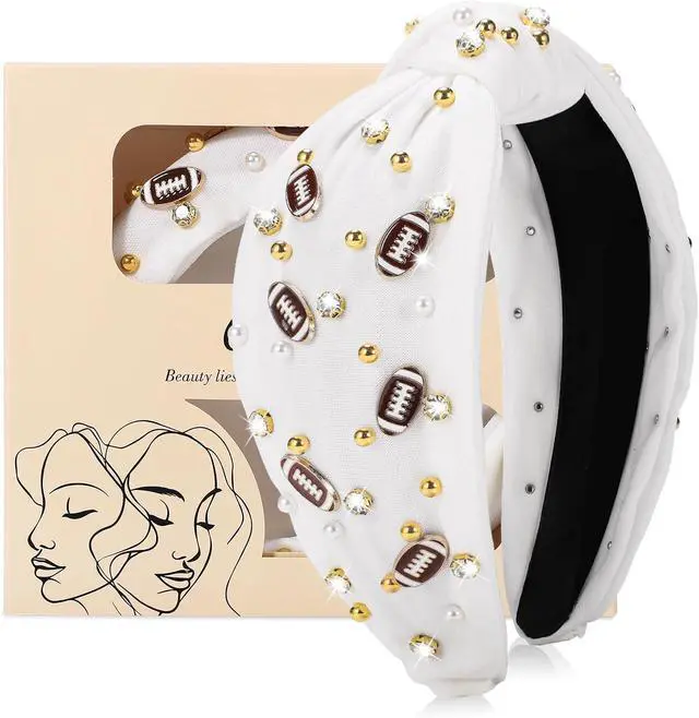 Main image of obeoby Football Knotted Headband For Women, Pearl Rhinestone, White | Polyester Fabric, Elastic Inner Band, Comfortable Fit, Classic Football Theme, For Game Day, Fans, Moms