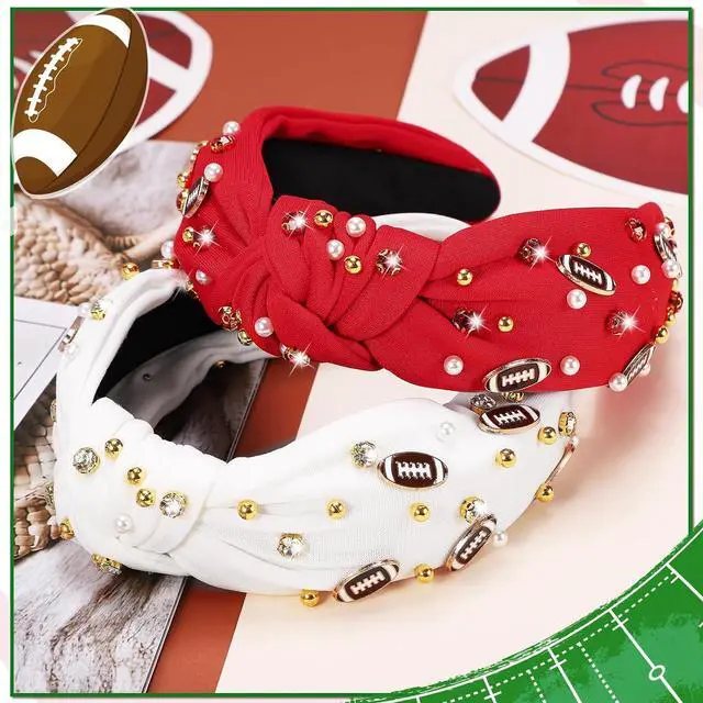 Alt view image 3 of 7 - obeoby Football Knotted Headband For Women, Pearl Rhinestone, White | Polyester Fabric, Elastic Inner Band, Comfortable Fit, Classic Football Theme, For Game Day, Fans, Moms