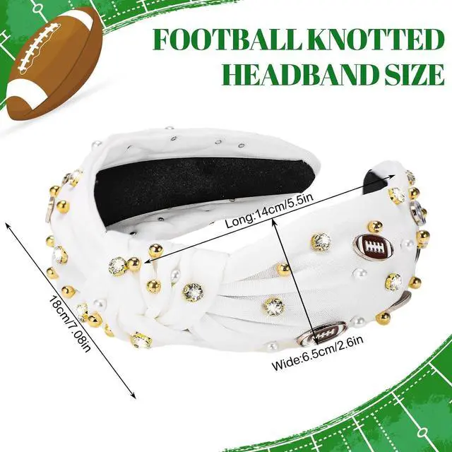 Alt view image 2 of 7 - obeoby Football Knotted Headband For Women, Pearl Rhinestone, White | Polyester Fabric, Elastic Inner Band, Comfortable Fit, Classic Football Theme, For Game Day, Fans, Moms