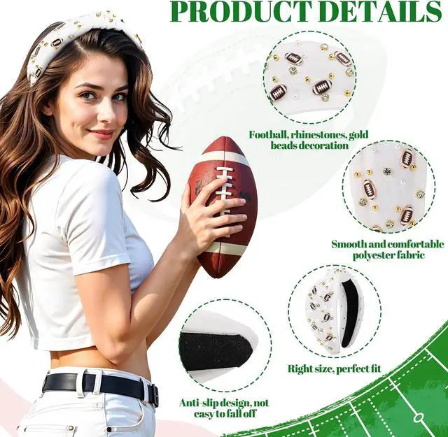 Alt view image 4 of 7 - obeoby Football Knotted Headband For Women, Pearl Rhinestone, White | Polyester Fabric, Elastic Inner Band, Comfortable Fit, Classic Football Theme, For Game Day, Fans, Moms