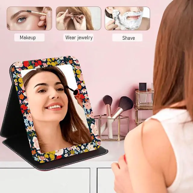 Alt view image 5 of 7 - Portable Travel Mirror PU Portable Foldable Adjustable Rectangular Ultrathin Vanity Mirror with Stand, Makeup Mrror for for Purses Hand, Bag, Travel, Camping, Home, Office