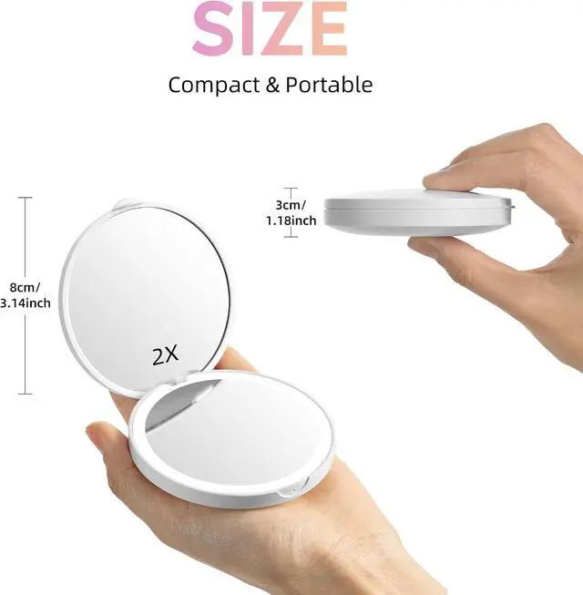 Alt view image 2 of 7 - Led Travel Makeup Mirror 1x/2x Magnifying Compact Mirror with Light USB Rechargeable Small Pocket Mirror Dimmable Portable Makeup Mirror for Handbags Purses Pockets Gifts for Girls White