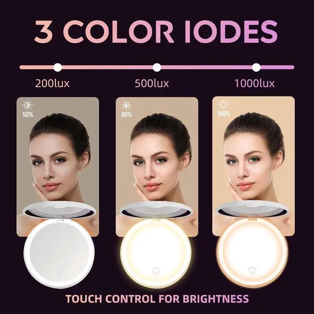 Alt view image 3 of 7 - Led Travel Makeup Mirror 1x/2x Magnifying Compact Mirror with Light USB Rechargeable Small Pocket Mirror Dimmable Portable Makeup Mirror for Handbags Purses Pockets Gifts for Girls White