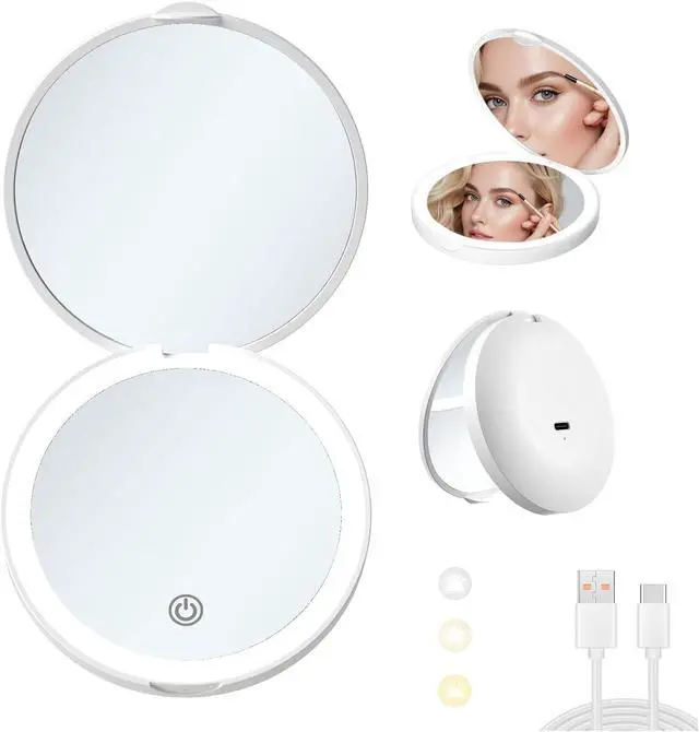Alt view image 7 of 7 - Led Travel Makeup Mirror 1x/2x Magnifying Compact Mirror with Light USB Rechargeable Small Pocket Mirror Dimmable Portable Makeup Mirror for Handbags Purses Pockets Gifts for Girls White