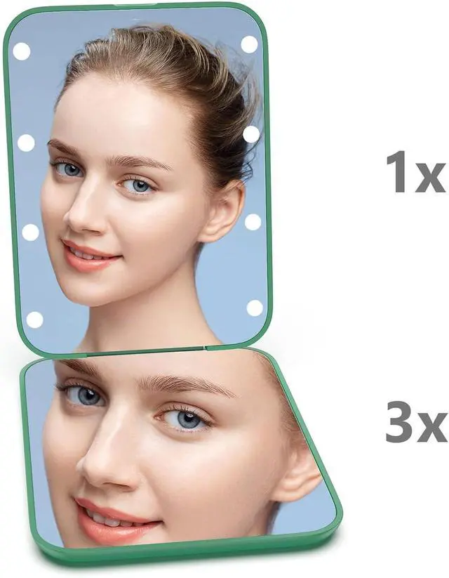 Alt view image 2 of 7 - Kintion Pocket Mirror, 1X/3X Magnification LED Compact Mirror (Green) | Travel Mirror with Light for Purse, 2-Sided, Portable, Folding, Handheld, Small Lighted Mirror for Gift