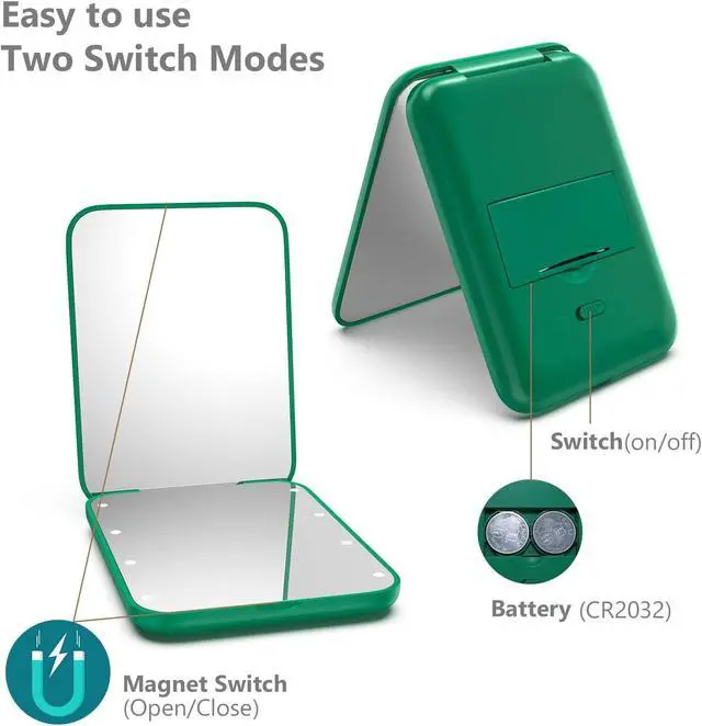 Alt view image 3 of 7 - Kintion Pocket Mirror, 1X/3X Magnification LED Compact Mirror (Green) | Travel Mirror with Light for Purse, 2-Sided, Portable, Folding, Handheld, Small Lighted Mirror for Gift