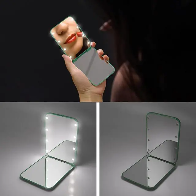 Alt view image 4 of 7 - Kintion Pocket Mirror, 1X/3X Magnification LED Compact Mirror (Green) | Travel Mirror with Light for Purse, 2-Sided, Portable, Folding, Handheld, Small Lighted Mirror for Gift