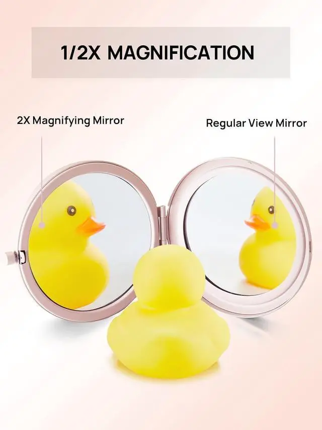 Alt view image 3 of 7 - Compact Mirror, 1x/2x Magnification Pocket Mirror, Pink | Compact Mirror for Purse, Metal+Glass, Foldable Double-Sided Mirror, Purse Essentials, Portable, Travel, Quick Touch-ups