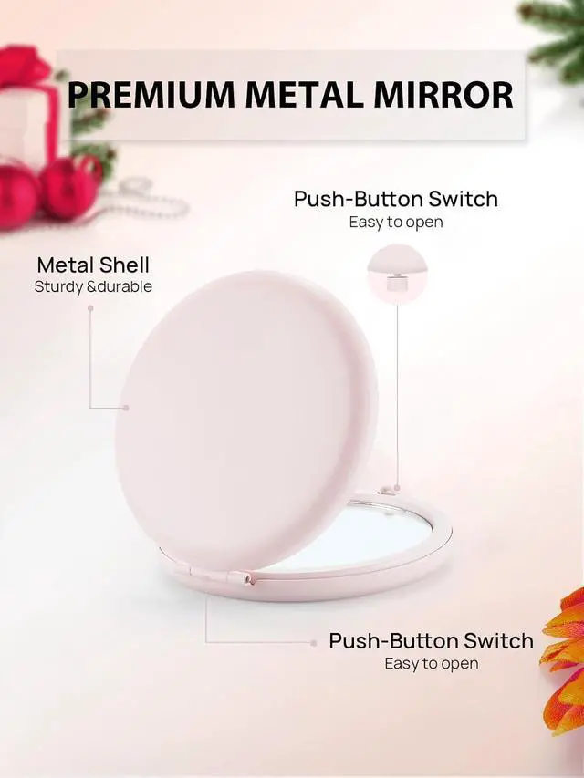 Alt view image 5 of 7 - Compact Mirror, 1x/2x Magnification Pocket Mirror, Pink | Compact Mirror for Purse, Metal+Glass, Foldable Double-Sided Mirror, Purse Essentials, Portable, Travel, Quick Touch-ups