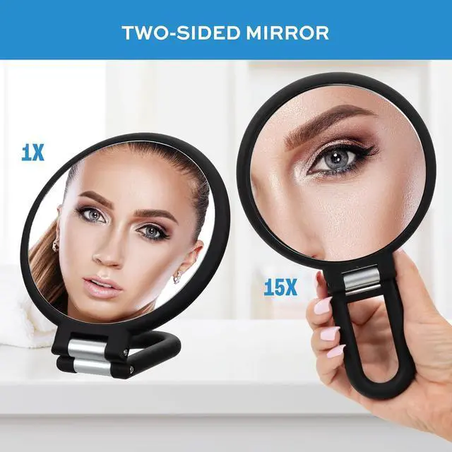Alt view image 2 of 7 - ForPro Professional Collection Premium Magnifying Handheld Mirror, 1X/15X Magnification Hand Mirror, Folding Adjustable Handle, for Makeup, Travel, Black