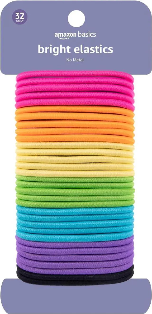 Main image of Amazon Basics No Damage Elastic Hair Ties, Ponytail Holders for Thick Hair, No Pull, Secure Hold, Snag-Free, Bright 4 MM Elastics for All Types, 32 Count