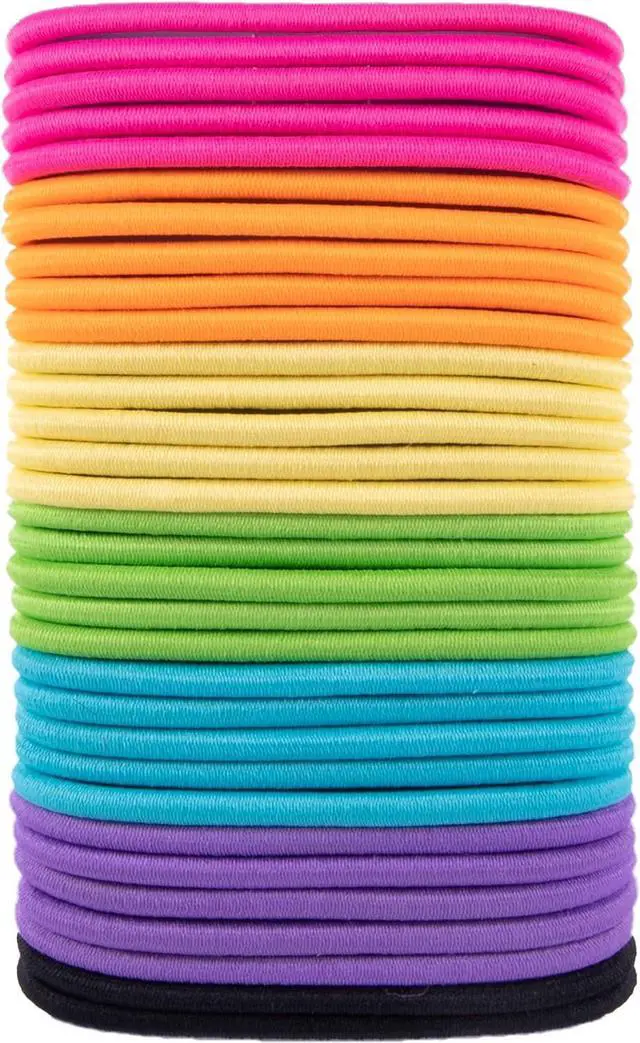 Alt view image 2 of 6 - Amazon Basics No Damage Elastic Hair Ties, Ponytail Holders for Thick Hair, No Pull, Secure Hold, Snag-Free, Bright 4 MM Elastics for All Types, 32 Count