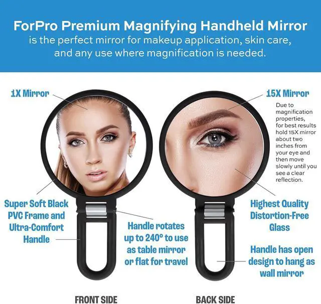 Alt view image 6 of 7 - ForPro Professional Collection Premium Magnifying Handheld Mirror, 1X/15X Magnification Hand Mirror, Folding Adjustable Handle, for Makeup, Travel, Black