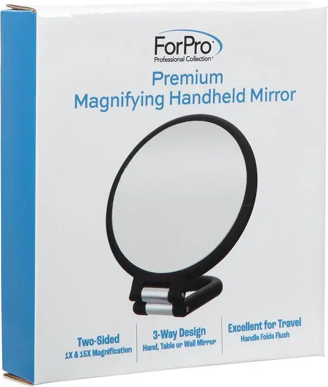 Alt view image 7 of 7 - ForPro Professional Collection Premium Magnifying Handheld Mirror, 1X/15X Magnification Hand Mirror, Folding Adjustable Handle, for Makeup, Travel, Black