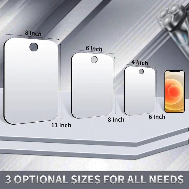 Alt view image 2 of 7 - 2 Pack Shatterproof Shower Mirror for Shaving with Hook (Large 10.7x8 in)40% Cheaper Than the Original,Unbreakable Deluxe Plexiglass Makeup Mirror,Bathroom Wall Hanging,Portable Handheld Camping
