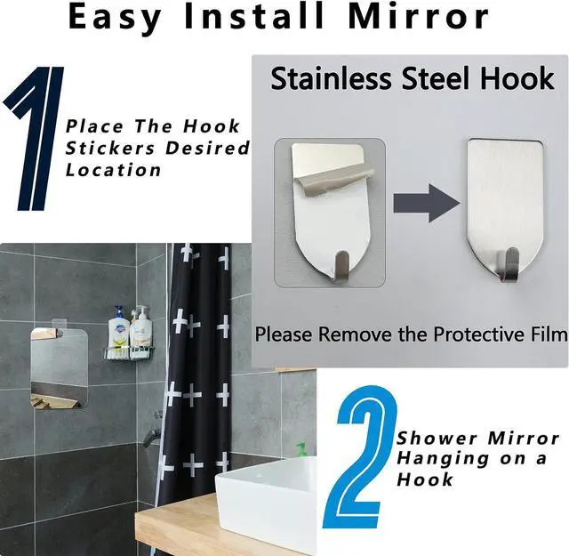 Alt view image 3 of 7 - 2 Pack Shatterproof Shower Mirror for Shaving with Hook (Large 10.7x8 in)40% Cheaper Than the Original,Unbreakable Deluxe Plexiglass Makeup Mirror,Bathroom Wall Hanging,Portable Handheld Camping