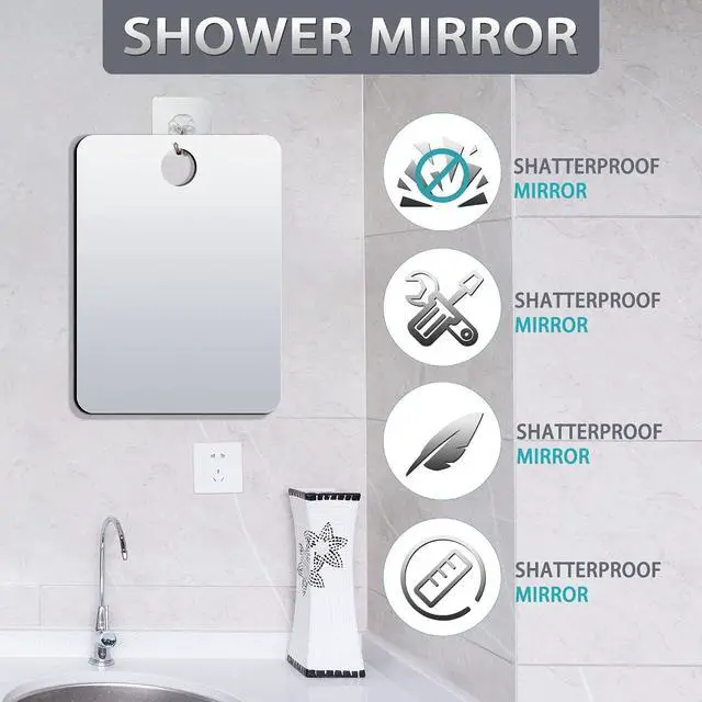 Alt view image 4 of 7 - 2 Pack Shatterproof Shower Mirror for Shaving with Hook (Large 10.7x8 in)40% Cheaper Than the Original,Unbreakable Deluxe Plexiglass Makeup Mirror,Bathroom Wall Hanging,Portable Handheld Camping