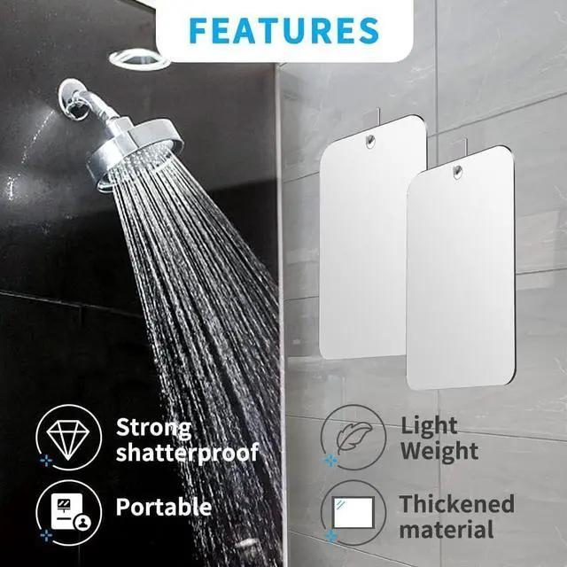Alt view image 6 of 7 - 2 Pack Shatterproof Shower Mirror for Shaving with Hook (Large 10.7x8 in)40% Cheaper Than the Original,Unbreakable Deluxe Plexiglass Makeup Mirror,Bathroom Wall Hanging,Portable Handheld Camping