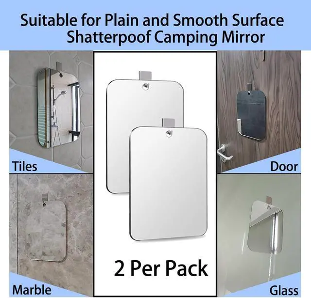 Alt view image 7 of 7 - 2 Pack Shatterproof Shower Mirror for Shaving with Hook (Large 10.7x8 in)40% Cheaper Than the Original,Unbreakable Deluxe Plexiglass Makeup Mirror,Bathroom Wall Hanging,Portable Handheld Camping