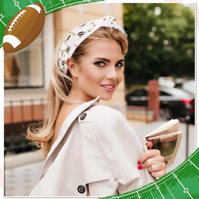 Alt view image 6 of 7 - obeoby Football Knotted Headband For Women, Pearl Rhinestone, White | Polyester Fabric, Elastic Inner Band, Comfortable Fit, Classic Football Theme, For Game Day, Fans, Moms