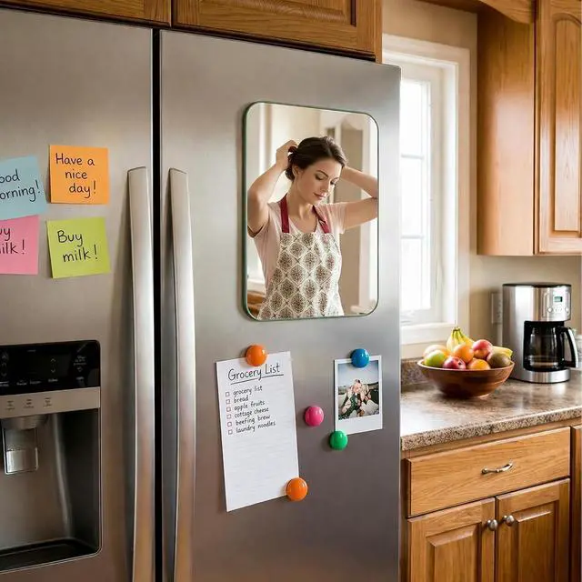 Alt view image 6 of 7 - Magnetic Locker Mirror 6x7.1 Inch Frameless Glass Makeup Mirror with Rounded Corners, HD Reflection, Soft Magnetic Backing for Dorm, Office, Gym Locker, Refrigerator, Travel, Compact & Portable
