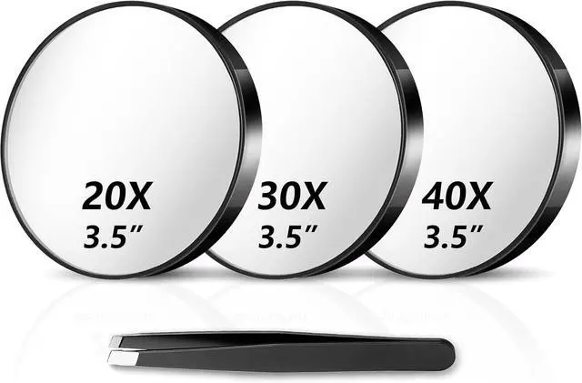 Main image of Magnifying Mirror 20X&30X&40X 3Packs with Tweezer and Suction Cups Set, 3.5 Inches Compact Travel Magnified Mirror-Black