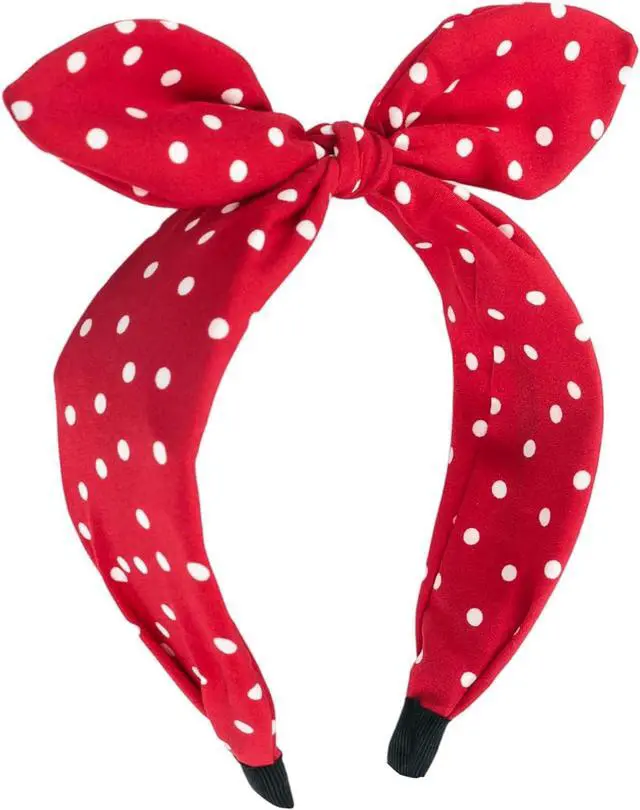 Main image of Red Polka Dot Bow Headbands for Women and Girls, Non-Slip Cute Bandana Hairband, Flexible Bunny Ear Wide Knotted Hair Hoop, Halloween Costume Retro 50s Hair Accessories