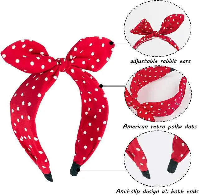 Alt view image 3 of 7 - Red Polka Dot Bow Headbands for Women and Girls, Non-Slip Cute Bandana Hairband, Flexible Bunny Ear Wide Knotted Hair Hoop, Halloween Costume Retro 50s Hair Accessories