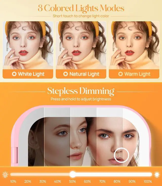 Alt view image 4 of 7 - Gospire Lighted Travel Makeup Mirror with Light and Magnification 3X, Pink | Stepless Dimming, Three-Color Adjustable Lights, Rechargeable Battery, Compact Size for Purse and Portable Use