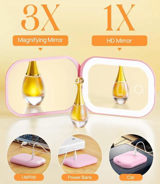Alt view image 5 of 7 - Gospire Lighted Travel Makeup Mirror with Light and Magnification 3X, Pink | Stepless Dimming, Three-Color Adjustable Lights, Rechargeable Battery, Compact Size for Purse and Portable Use