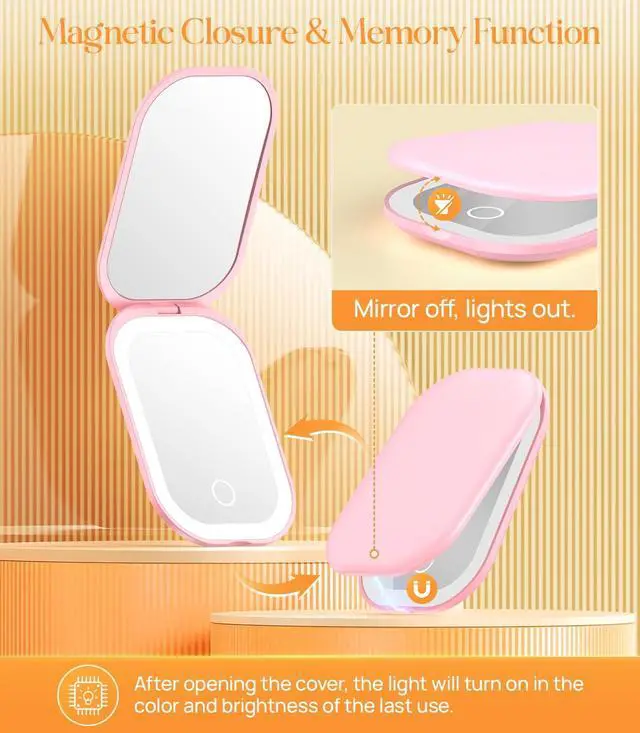 Alt view image 6 of 7 - Gospire Lighted Travel Makeup Mirror with Light and Magnification 3X, Pink | Stepless Dimming, Three-Color Adjustable Lights, Rechargeable Battery, Compact Size for Purse and Portable Use