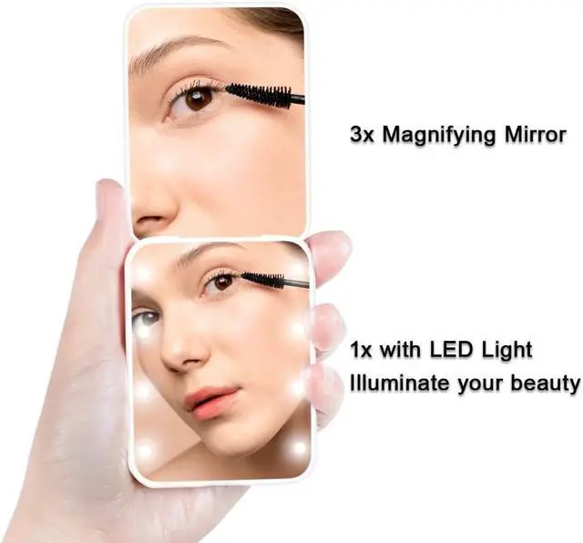 Alt view image 2 of 7 - Flymiro Compact Mirror, 1x/3x Magnification Mini Mirror for Purse, Pocket, Handheld, Stocking Stuffers, Travel Makeup, 2-Sided Foldable, Small Mirror with Led Lights