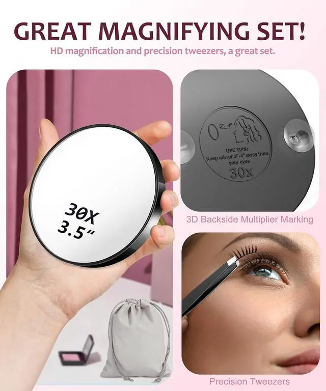 Alt view image 2 of 7 - Magnifying Mirror 20X&30X&40X 3Packs with Tweezer and Suction Cups Set, 3.5 Inches Compact Travel Magnified Mirror-Black