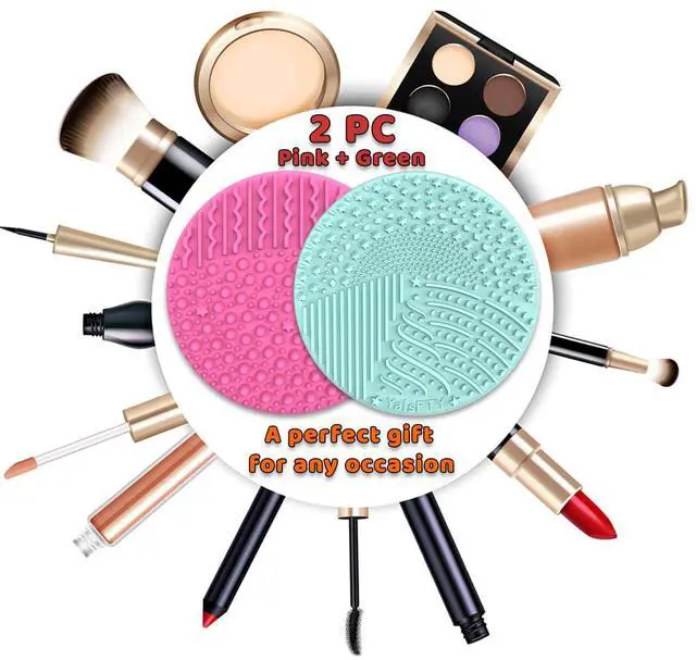 Alt view image 3 of 7 - 2 Pieces Silicone Makeup Brush Cleaner, YalsFTY Cosmetic Brush Scrubber Mat Pad Cleaning Tool, Dual-Sided Functionality to Accommodate All types of Brushes, Powder Puffs and Sponges (Green & Pink)